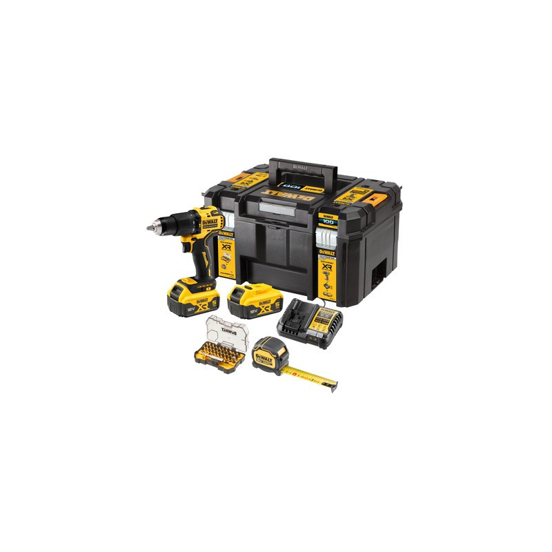 PACK 100 ans DEWALT DCZ100P2KT-QW - Perceuse percussion XR 18V 2x 5.0 Ah + Coffret d'embouts + Mètre